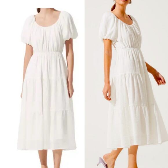 ASTR the Label White Gauze Puff Sleeved Tiered Lined Midi Dress - XS - Picture 1 of 8